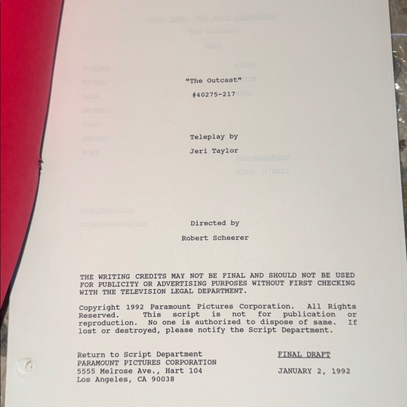 RARE & Authentic Star Trek TNG "The Outcast" (Episode 217) Production Script - - Picture 11 of 13